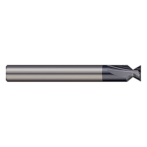 Dovetail Cutters - 0.0790″ Cutter Diameter × 0.0150″ (1/64″) Radius × 48° included Carbide Dovetail Cutter with Drop Hole Allowance, 2 Flutes, AlTiN Coated