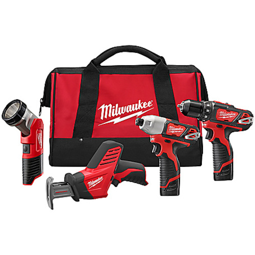M12 Cordless LITHIUM-ION 4-Tool Combo Kit; Drill Driver, Impact Driver, Reciprocating Saw, Worklight