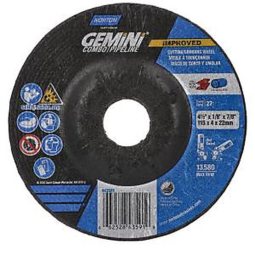 ‎4-1/2 × 1/8 × 7/8″ Gemini Long Life Grinding Wheel A 24 T BDA3 Type 27