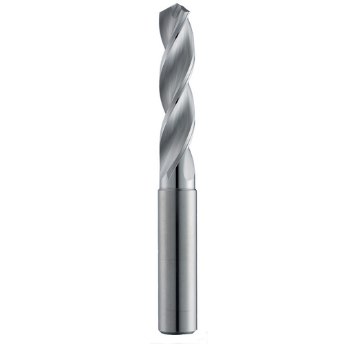 7.7 mm Dia. × 8 mm Shank × 53 mm Flute Length × 91 mm OAL, 5xD, 124°, Uncoated, 3 Flute, External, Round Solid Carbide Drill