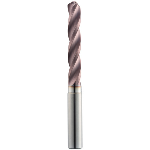 7.9 mm Dia. × 8 mm Shank × 53 mm Flute Length × 91 mm OAL, 5xD, 124°, TM, 3 Flute, Coolant Thru, Round Solid Carbide Drill