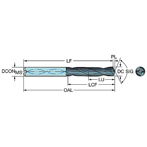 3.18 mm Dia. × 6 mm Shank × 20 mm Flute Length × 62 mm OAL, 150°, TiAlN, 2xD Flute, Coolant Thru, DIN 6537 K, Round Solid Carbide Drill