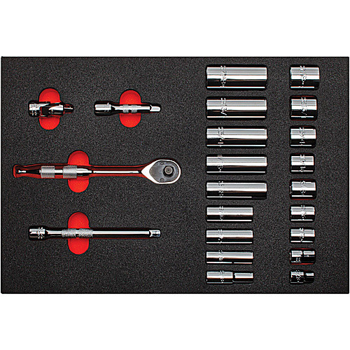 ‎Proto Foamed 3/8″ Drive 22 Piece Socket Set w/ Precision 90 Pear Head Ratchet- Full Polish- 12 Point