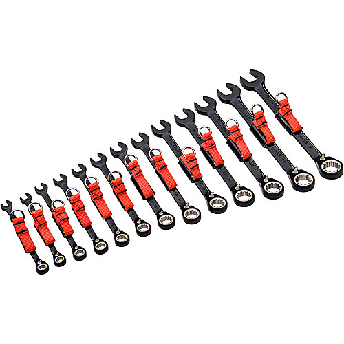 Proto Tether-Ready 13 Piece Black Chrome Reversible Combination Ratcheting Wrench Set - Spline