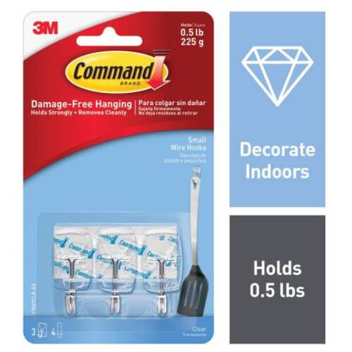 Command Small Clear Wire Hooks with Clear Strips 17067CLR-ES 3 Small Wire Hooks 4 Clear Strips