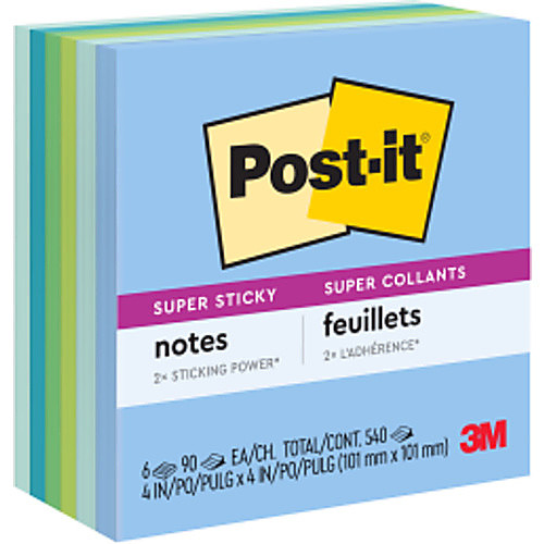 ‎Post-it Super Sticky Recycled Notes 654-6SST 3″ × 3″ (76 mm × 76mm) Bora Bora Collection