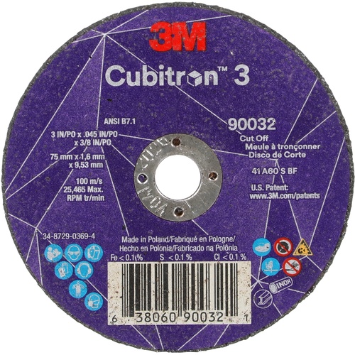 3M CUBITRON 3 CUT-OFF WHEEL, 60+, T1, 3 IN × 0.045 IN × 3/8 IN (75 × 1.6 × 9.53 MM), ANSI