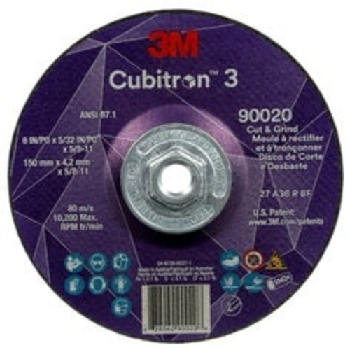 ‎3M CUBITRON 3 CUT AND GRIND WHEEL, 36+, T27, 6 IN × 5/32 IN × 5/8 IN-11 (150 × 4.2 MM × 5/8-11 IN), ANSI